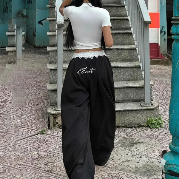 Street Lace Embroidery Casual Pants Women's Low Waist Loose Look Thin Spicy Girl Wide Leg Pants - Image 5