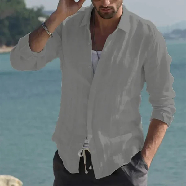 Summer Men's Solid Fashion Versatile Shirt Beach Cotton Linen Shirts Men Long Sleeved Cardigan Tops Turn Down Collar Slim Fit - Image 5